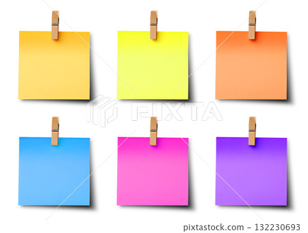 Shaded wooden wood pegs with sticky post-it note paper with shadow . Many assorted different colours isolated on transparent background cutout. PNG file 132230693
