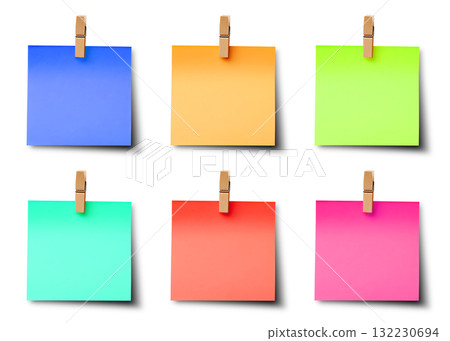 Shaded wooden wood pegs with sticky post-it note paper with shadow . Many assorted different colours isolated on transparent background cutout. PNG file 132230694