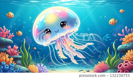 Cute Cartoon Jellyfish Floating in a Vibrant Sea Cute Cartoon Jellyfish Floating in a Vibrant Sea 132230755
