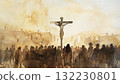 Watercolor crucifixion with Jesus on cross and warrior crowd. Divine scene with black outlines on light beige backdrop. 132230801