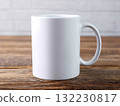 White mug set on a wooden board, suitable for creative mockup use. 132230817