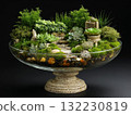 Terrarium with miniature house, bridge and lush greenery in glass container. Ideal for home decoration, it showcases moss, rocks and a tranquil garden view. 132230819
