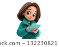 3D girl with tablet and red curly hair in cute summer dress. Playful animated character ideal for tech ads or childrens education projects. 132230821