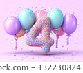 Birthday number 4 with balloons, confetti and candy. Colorful festive decor enhancing kids party celebrations. 132230824