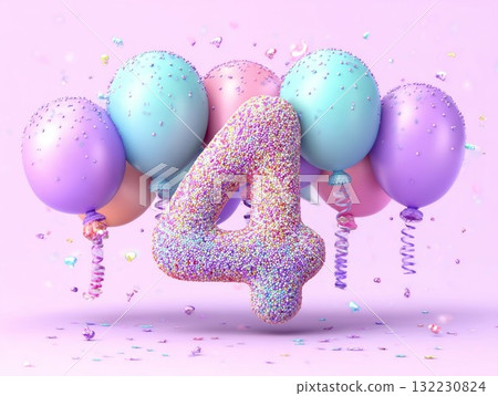 Birthday number 4 with balloons, confetti and candy. Colorful festive decor enhancing kids party celebrations. 132230824
