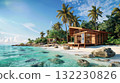 Beachfront house with palms offers serene coastal scene. Modern build and clear sea water highlight perfect getaway. 132230826