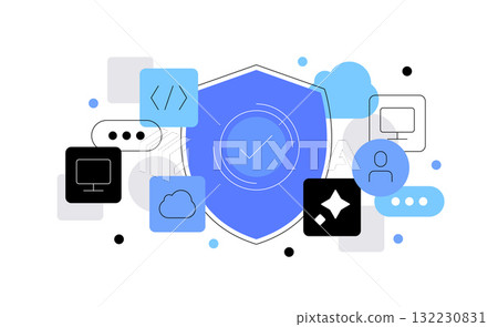 High tech and cyber security. User authentication. Shield with digital elements High tech and cyber security. User authentication. Shield with digital elements 132230831