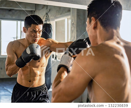 Male Boxer Training and Practicing Punches in Front of Mirror at Gym 132230839