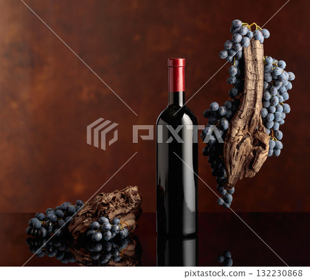 Bottle of red wine with a weathered snag and blue grapes on a brown background. Bottle of red wine with a weathered snag and blue grapes on a brown background. 132230868