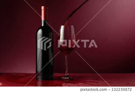 Red wine on a dark red background. 132230872