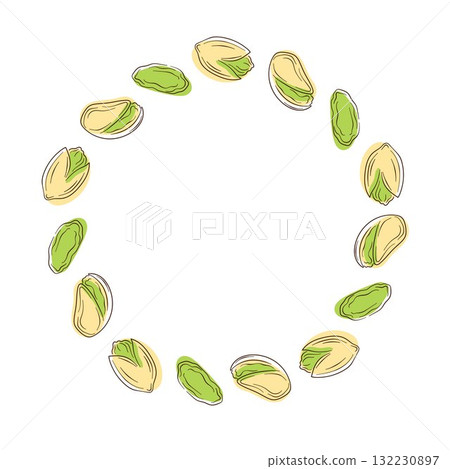 Circular frame with pistachio nut and kernel isolated on a white background. Organic food, healthy eating and natural snacks for package and card in flat style. 132230897