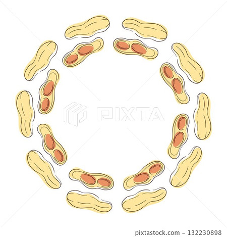 Circular wreath with peanut in shell and halves arranged on a white background in a simple flat style illustration. 132230898
