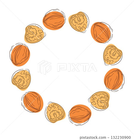 Circular wreath with walnut and kernel on a white background in a flat style. 132230900