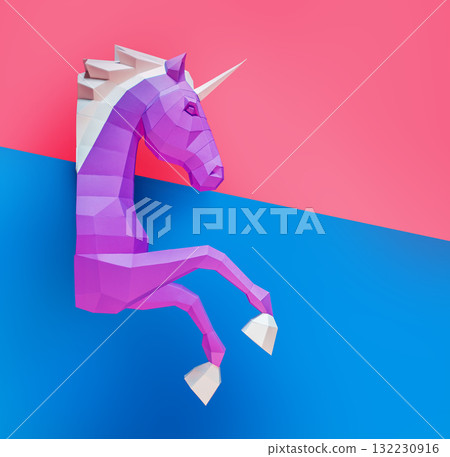 Geometric Pink Blue Unicorn Sculpture Dual Background. Bold and modern geometric unicorn sculpture 132230916