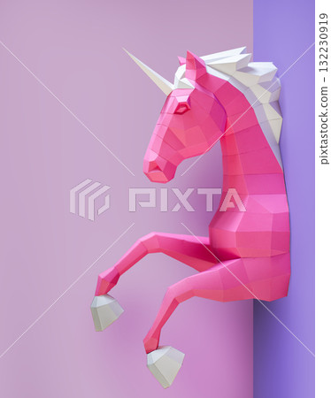 Geometric Pink Unicorn Sculpture Dual Background. Bold and modern geometric unicorn sculpture 132230919
