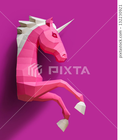 Pink paper geometric unicorn head. Made paper. Innovative interior design details. Original geometric shape. Pink paper geometric unicorn head. Made paper. Innovative interior design details. Original geometric shape. 132230921
