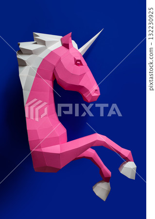 Geometric Pink Blue Unicorn Sculpture Dual Background. Bold and modern geometric unicorn sculpture 132230925