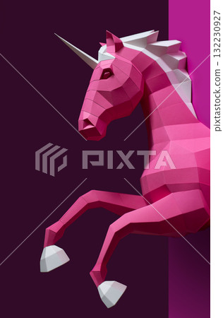 Geometric Pink Unicorn Sculpture Dual Background. Bold and modern geometric unicorn sculpture Geometric Pink Unicorn Sculpture Dual Background. Bold and modern geometric unicorn sculpture 132230927