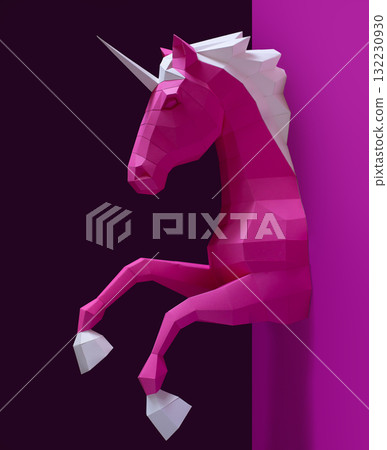 Pink paper geometric unicorn head. Made of paper. Innovative interior design details. 132230930
