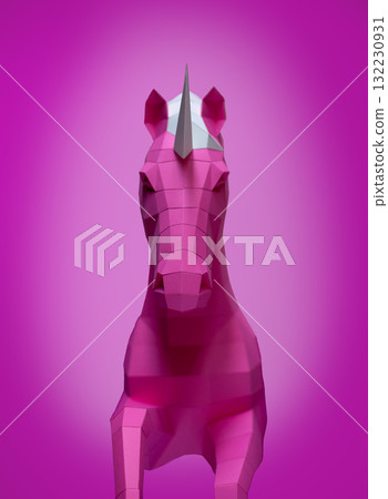 Pink paper geometric unicorn head. Made of paper. Innovative interior design details. 132230931