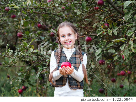 Cheerful girl with braided hair holds red apple in both hands, standing in lush apple orchard, symbolizing harvest, health 132230944