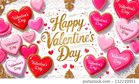 Colorful heart-shaped cookies surround a festive Happy Valentine s Day message, showcasing sweet treats adorned in pink and red, perfect for celebrating love. Colorful heart-shaped cookies surround a festive Happy Valentine s Day message, showcasing sweet treats adorned in pink and red, perfect for celebrating love. 132230951