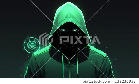A hooded figure in a dark setting exudes mystery with glowing green accents, surrounded by faint digital symbols, creating a futuristic aura. A hooded figure in a dark setting exudes mystery with glowing green accents, surrounded by faint digital symbols, creating a futuristic aura. 132230955