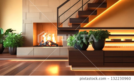 A sleek fireplace is flanked by modern plants and a floating staircase, creating a contemporary living space with warm lighting and stylish wooden features. 132230960