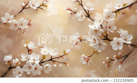 Delicate cherry blossom branches adorned with white flowers and budding petals against a soft, abstract background, evoking tranquility and beauty.  132230985