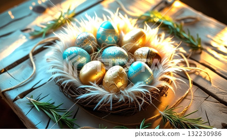 A rustic wooden basket filled with beautifully decorated Easter eggs in gold and blue tones, framed by soft foliage, capturing the spirit of the season. A rustic wooden basket filled with beautifully decorated Easter eggs in gold and blue tones, framed by soft foliage, capturing the spirit of the season. 132230986