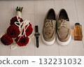 Wedding Day Essentials: Red Bouquet, Groom's Shoes, Watch and Cologne Flat Lay, Rustic Style, Warm Tones, Romance, Preparation Details 132231032