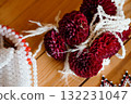 Dramatic Wedding Ring Amongst Deep Burgundy Dahlias, White Beaded Garland, Rustic Wood Table Love, Commitment, Fine Art Photography 132231047