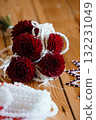Deep Burgundy Dahlias with Pearl Strands: Rustic Wedding Florals, Crafting Details, Dark Floral Arrangement, Textured Wood Background, Bohemian Style 132231049