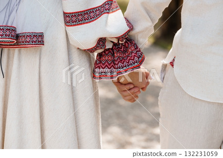 Couples Holding Hands in Traditional Slavic Embroidered Clothing, White Linen Shirts, Red Geometric Patterns, Intimate Connection, Cultural Heritage. 132231059