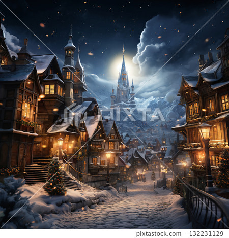 village street in winter, exteriors of houses decorated for Christmas or New Year's holiday, snow, street lights, festive environment 132231129