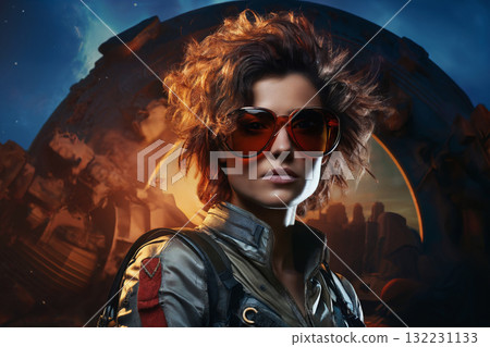 portrait of a woman wearing an astronaut, goggles, abstract background portrait of a woman wearing an astronaut, goggles, abstract background 132231133