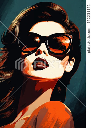 Portrait of a beautiful fashionable woman with a hairstyle and sunglasses, dark blue background. Illustration, poster in style of the 1960s Portrait of a beautiful fashionable woman with a hairstyle and sunglasses, dark blue background. Illustration, poster in style of the 1960s 132231151