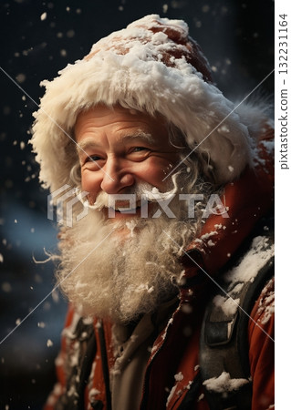 Portrait of Santa, with a lot of gifts, he is cheerful and joyful, winter, snow covered forest 132231164