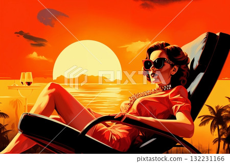 Portrait of a beautiful fashionable woman with a hairstyle and sunglasses, in an evening dress, sitting on a chaise longue and drinking a cocktail, on the beach, at sunset. 132231166