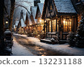 city street in winter, exteriors of houses decorated for Christmas or New Year's holiday, snow, street lights, festive environment 132231188
