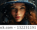 portrait of a beautiful woman in winter, dark and snowing 132231191