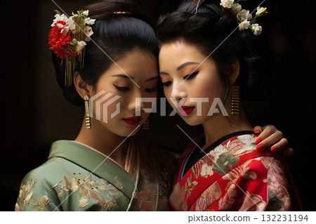 two geisha women wearing traditional japanese costumes on a black background 132231194