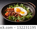 fried eggs with bacon and herbs and chopped vegetables, delicious breakfast, still life on a dark background 132231195