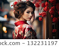 a beautiful woman posing in traditional japanese kimono with floral pattern, Kyoto traditional old street scenes 132231197