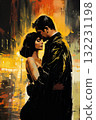 Romantic couple, man and woman, embracing in a city street, at night. Illustration, poster in the style of 1960 132231198