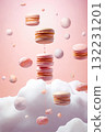 marshmallows and cookies with splashes of sauce or cream on a colored background, delicious and sweet food 132231201