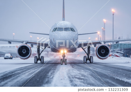 An airplane sits on a snowy runway, surrounded by winter scenery. The scene captures the cold atmosphere, with snow on the ground and visibility reduced An airplane sits on a snowy runway, surrounded by winter scenery. The scene captures the cold atmosphere, with snow on the ground and visibility reduced 132231309