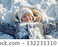 A joyful child lies in soft, fresh snow with arms spread wide, creating snow angels under clear blue skies. The winter scene showcases bright sunlight reflecting off the snow 132231310