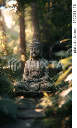 Buddha Statue Surrounded by Lush Greenery in a Tranquil Garden at Sunrise Buddha Statue Surrounded by Lush Greenery in a Tranquil Garden at Sunrise 132231418