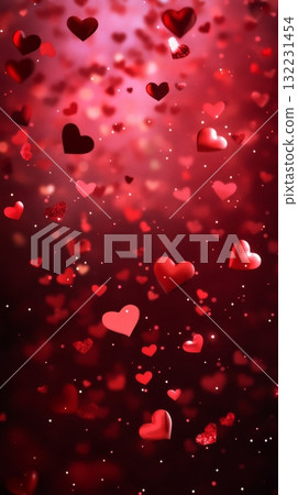 Floating Glitter Hearts Create a Romantic Atmosphere in Pink and Red Hues During a Festive Celebration 132231454